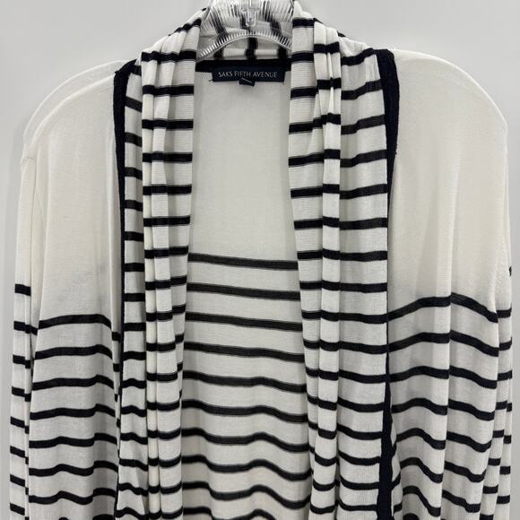 SAKS FIFTH AVE Womens Stripe Open Front Cardigan Size M Sweater Nautical Layer - Picture 2 of 8